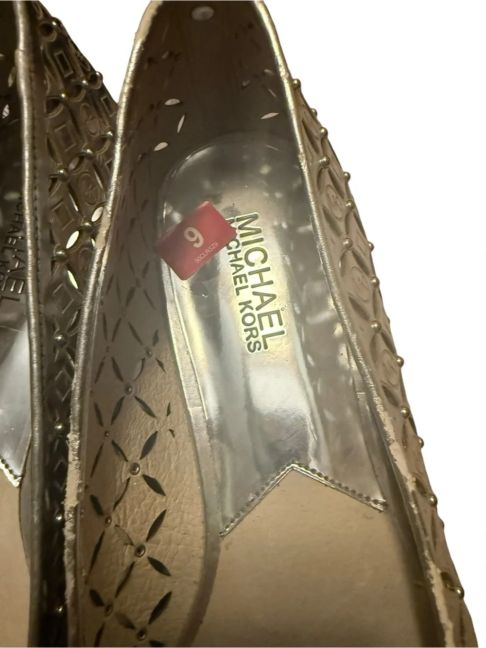 Michael Kors Silver Metallic Laser Cut Studded Flats Loafers Size 9M